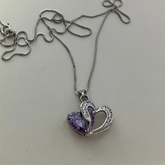 925 Sterling Silver Heart Pendant with Amethyst & clear CZ stones & 925 Chain 18 - Picture 3 of 6